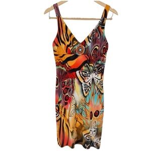 Frank Lyman Design Butterfly and Peacock Feather‎ Print Summer Dress US6 y2k